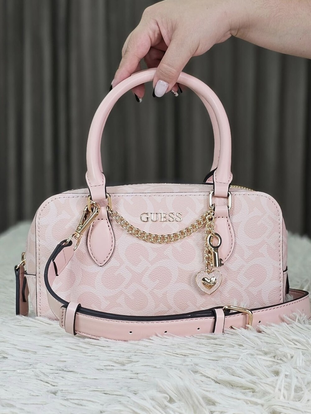 GUESS Pink Logo Satchel with Chain Charm